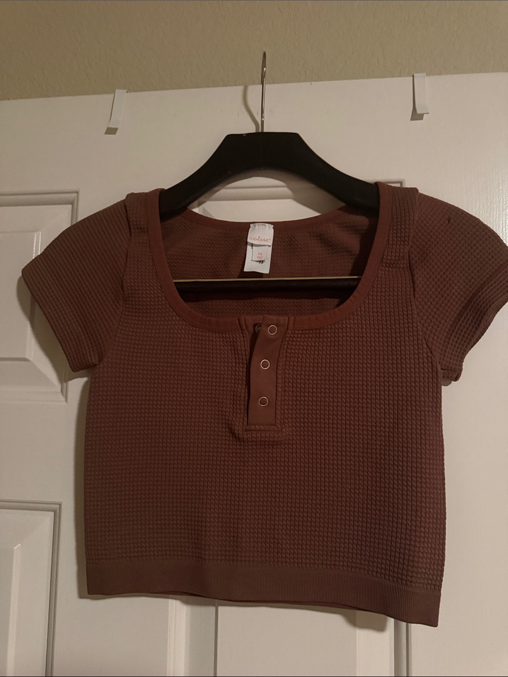 Waffle-Knit Snap Front Crop Top - Rust